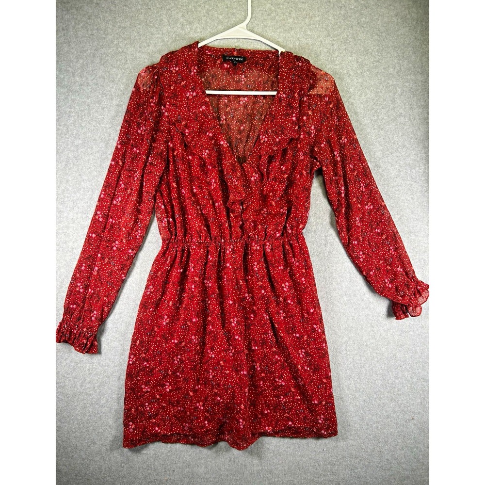 MAX + ASH Womens L Red Floral V-Neck Long Sleeve Ruffle Chiffon A-Line Dress
